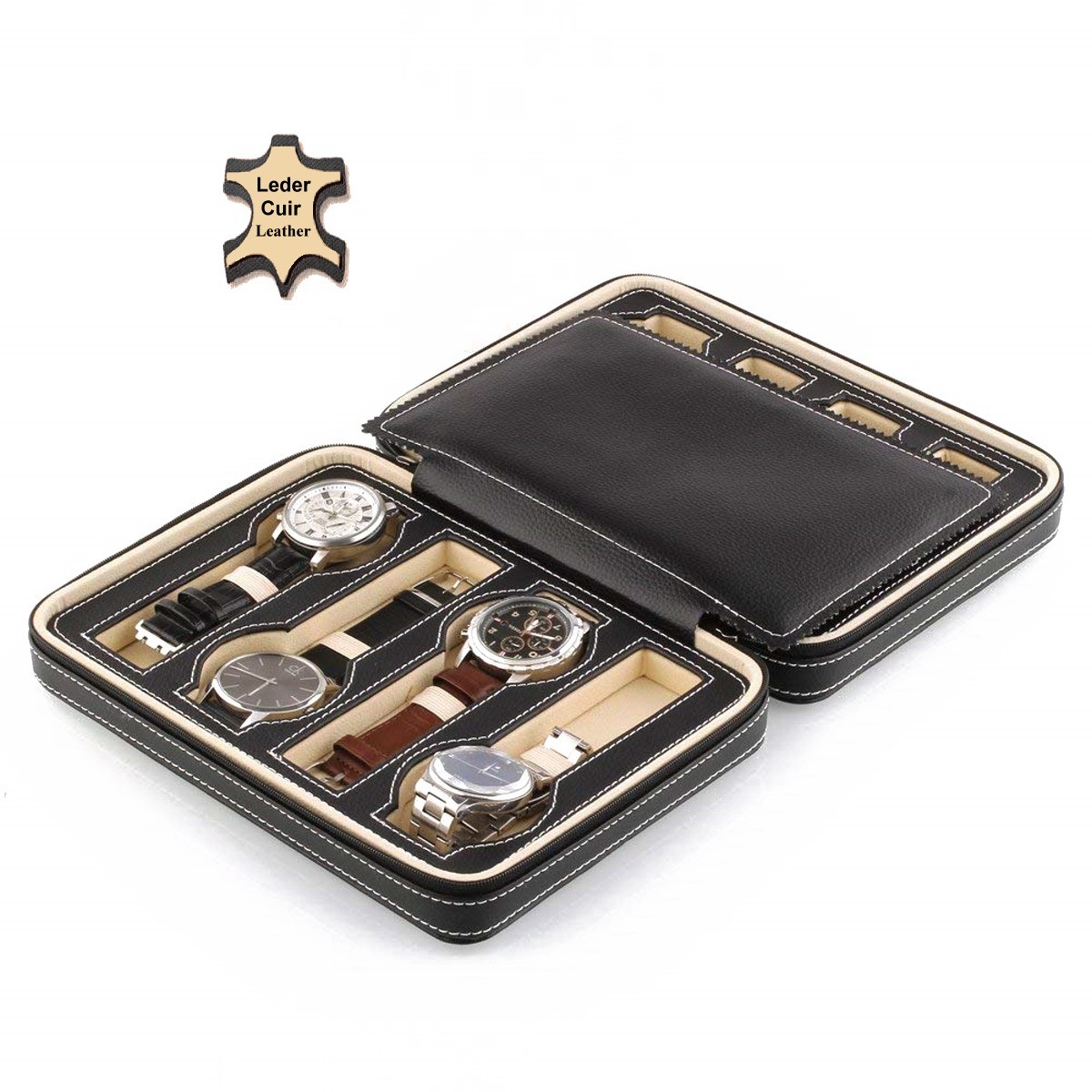 Genuine leather watch case BULLONGE BLACK 8 watches Buy watch cases directly from the manufacturer and save money
