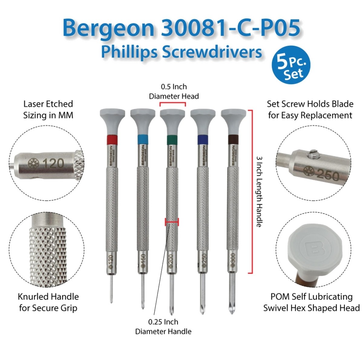 Bergeon 30081-C-P05 Set of 5 Swiss Made Phillips Screwdriver