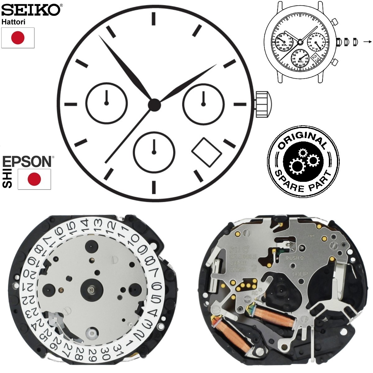 Hattori Chronograph watch movement VD53 QUARTZ Replace quartz
