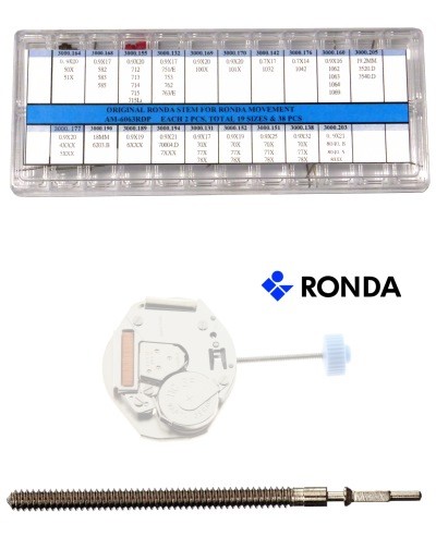 38 original Ronda winding stems for watch movements